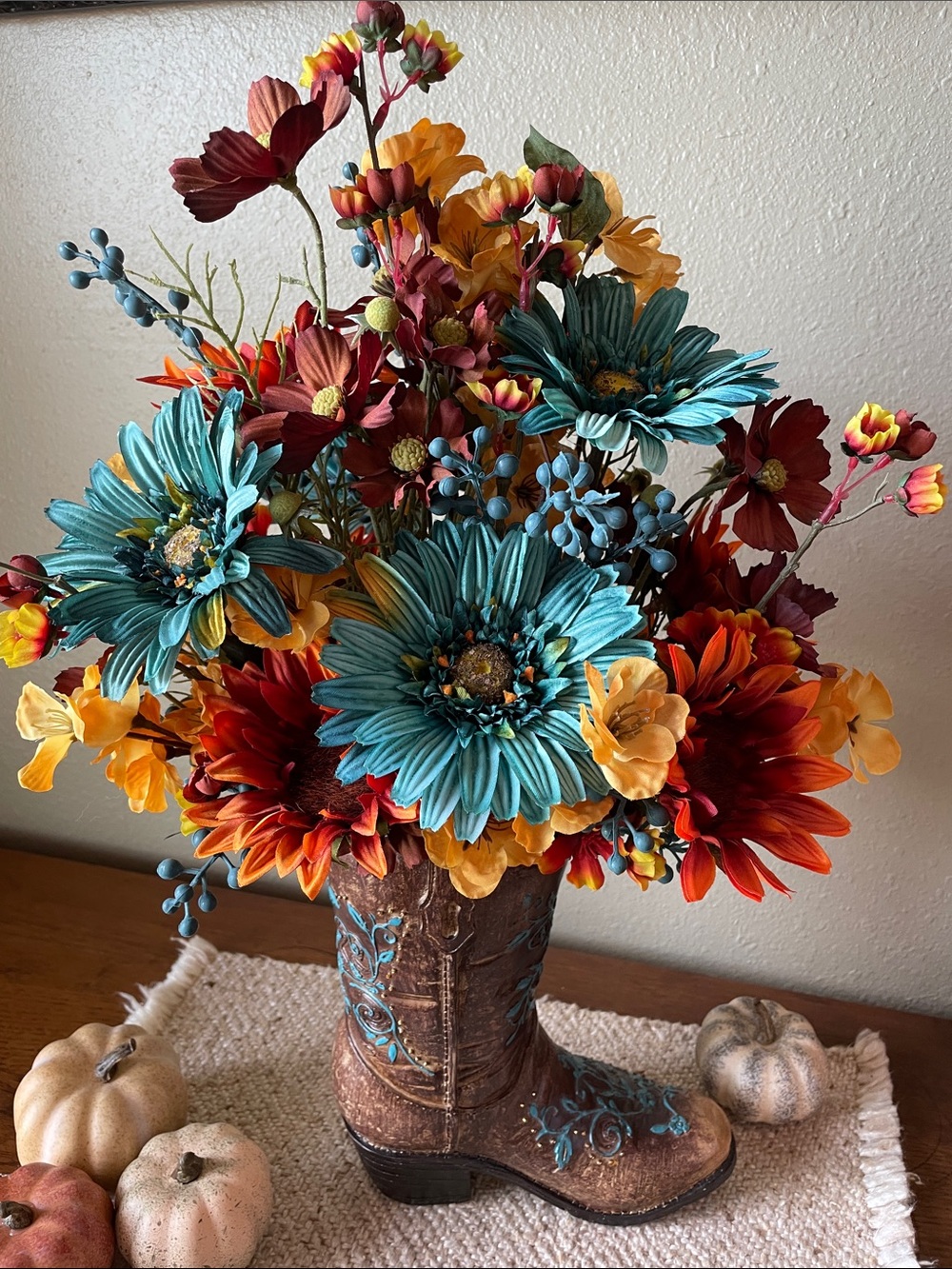 Rustic Boot Silk Floral Arrangement with Teal, Gold & Rust Flowers